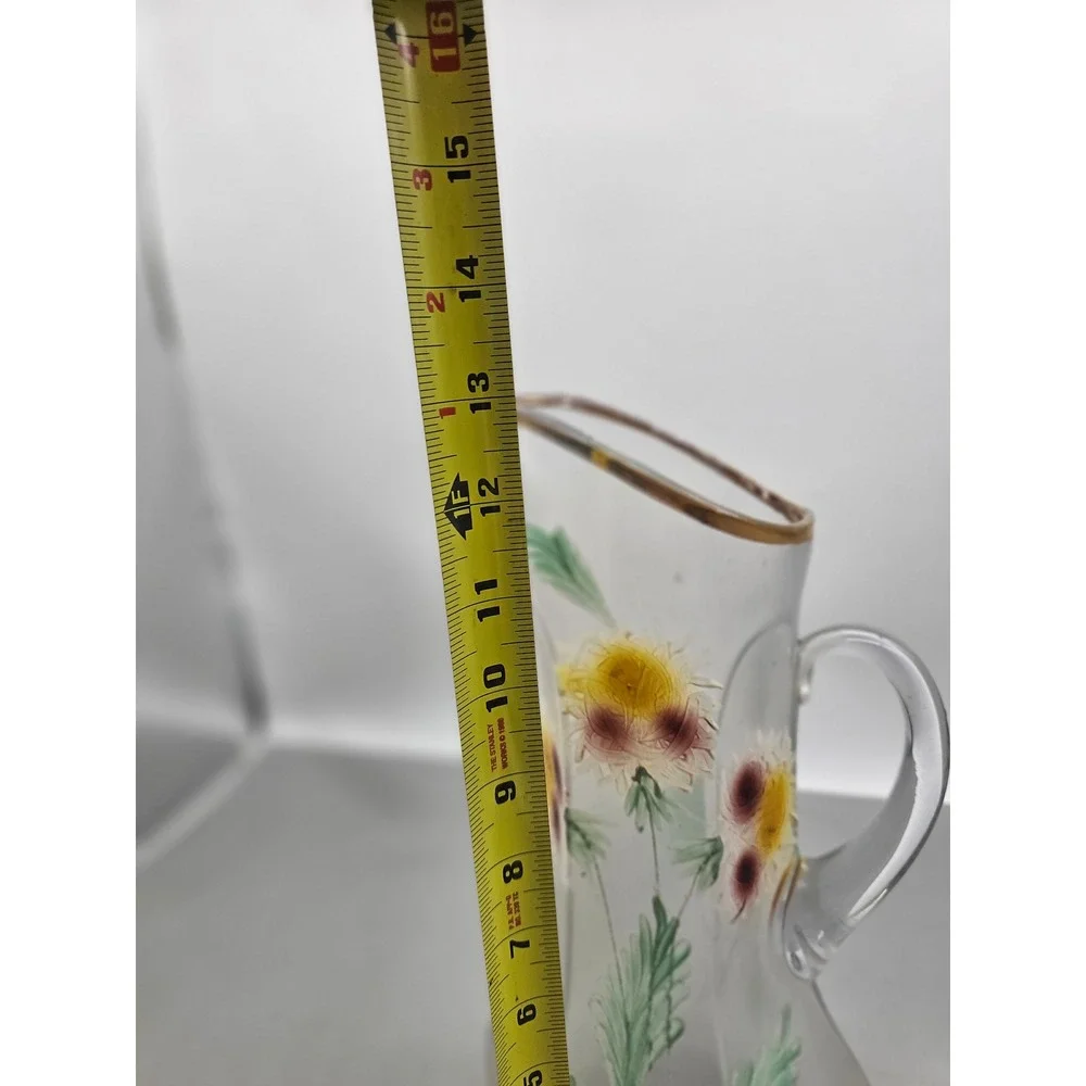 Antique Frosted Glass Pitcher Hand Painted Floral Gold Rim Victorian Art Glass